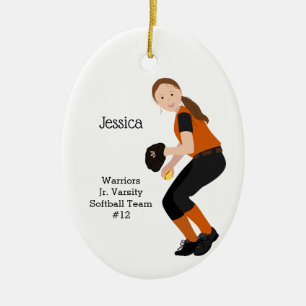 Softball Female Brunette Orange & Black Ceramic Ornament