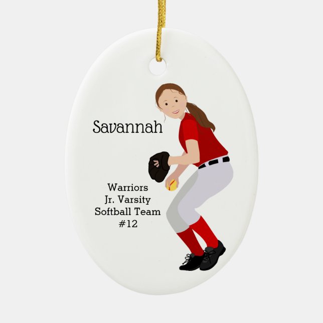 Softball Female Brunette Red & White Ceramic Ornament (Front)