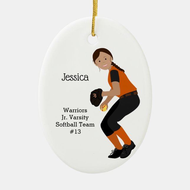 Softball Female Dark Hair Black & Orange Ceramic Ornament (Front)