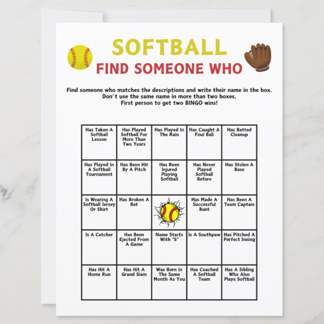 Softball Find Someone Who Game (Front)