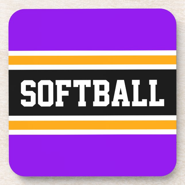 SOFTBALL Fun Bright Purple Yellow Black Stripes Coaster (Front)