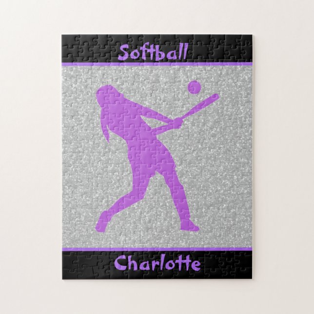 Softball Girls Purple & Silver Sparkle Jigsaw Puzzle (Vertical)