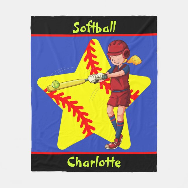  Softball Girls Star Batter Swing Personalized    Fleece Blanket (Front)