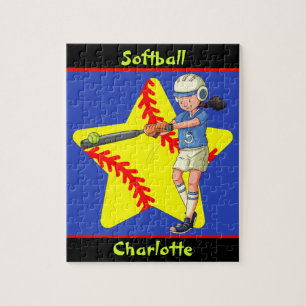 Softball Girls Star Batter Swing Personalized Jigsaw Puzzle