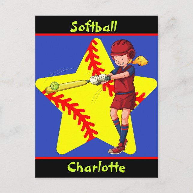  Softball Girls Star Batter Swing Personalized    Postcard (Front)