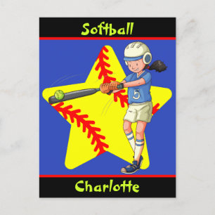 Softball Girls Star Batter Swing Personalized Postcard