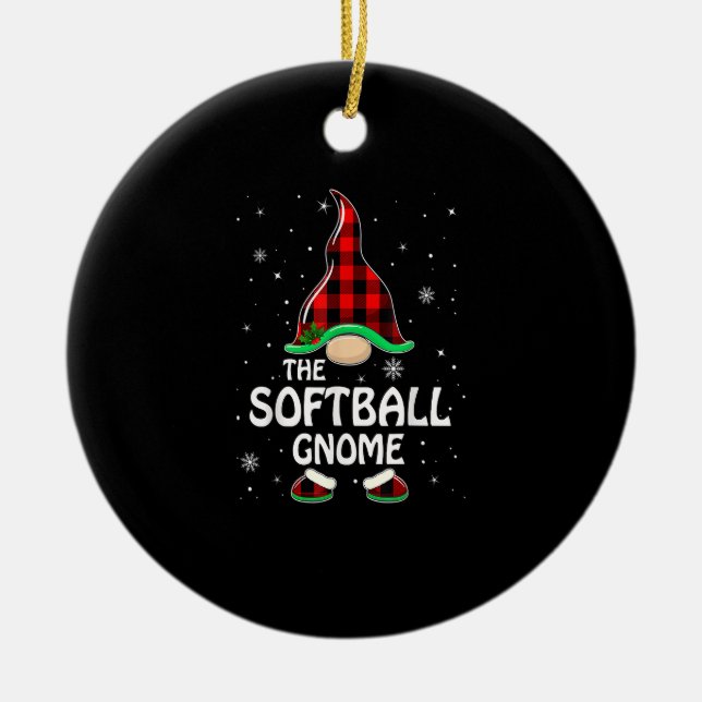 Softball Gnome Buffalo Plaid Matching Family Chris Ceramic Ornament (Front)