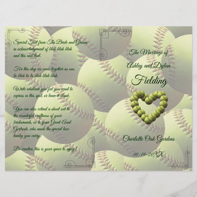 Softball Heart Wedding Theme Wedding Program (Front)