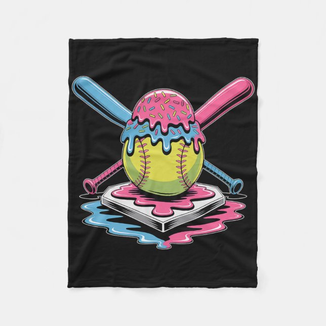 Softball Ice Cream Drip - Cute Softball Player  Fleece Blanket (Front)
