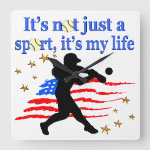 SOFTBALL IS MY LIFE USA PATRIOTIC DESIGN SQUARE WALL CLOCK