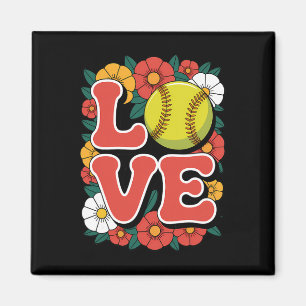 Softball Love Retro Flower Power Sports Magnet