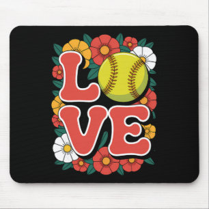 Softball Love Retro Flower Power Sports Mouse Pad