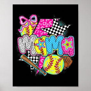 Softball Mama Game Day Leopard Checkered Mom Retro Poster