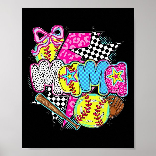Softball Mama Game Day Leopard Checkered Mom Retro Poster (Front)