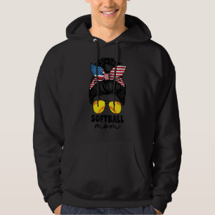 Softball Mom American Flag Messy Bun Women Catcher Hoodie