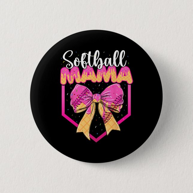 Softball Mom Drip Ice Cream Drip Sprinkle Mama Bow 2 Inch Round Button (Front)