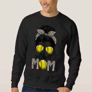 Softball Mom Life Leopard Messy Bun Game Day Mom Sweatshirt
