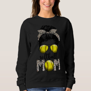 Softball Mom Life Leopard Messy Bun Game Day Wonm Sweatshirt