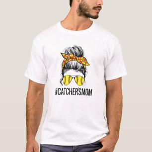 Softball Mom Messy Bun Catcher's Mom T-Shirt