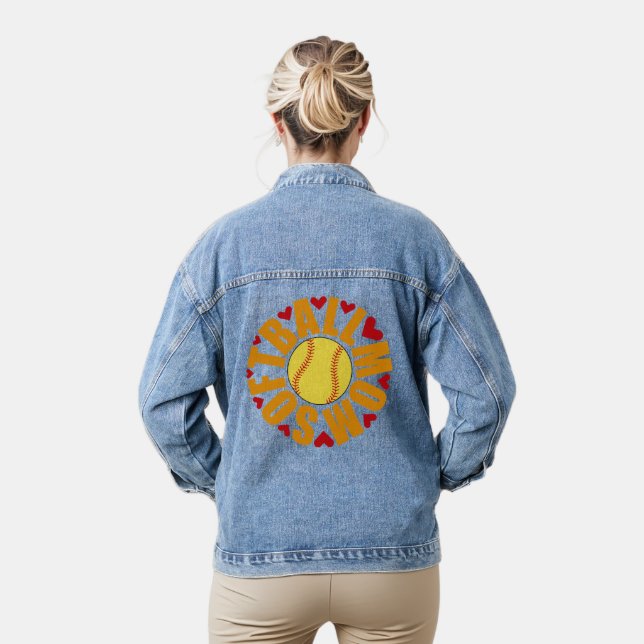 Softball Mom Sports Typography Red Love Hearts Denim Jacket (Model)
