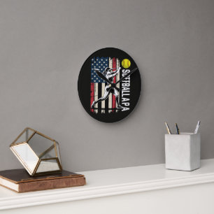 Softball Papa American US Flag Round Clock