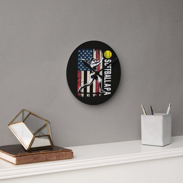 Softball Papa American US Flag Round Clock (Office)