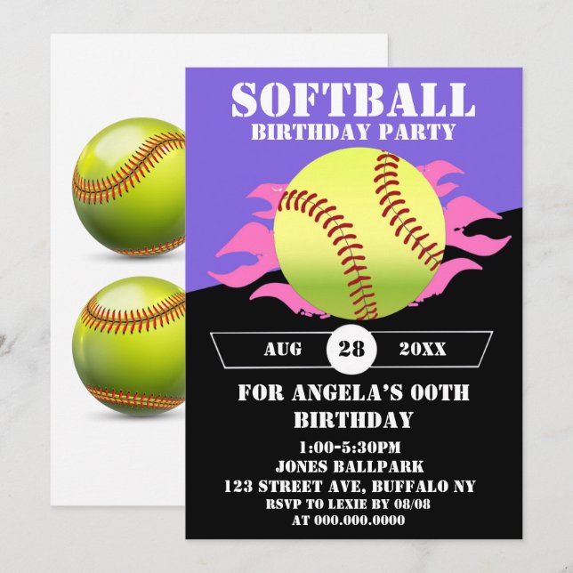Softball Pink Fire Birthday Party  (Front/Back)