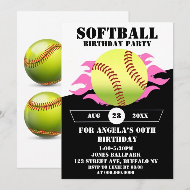 Softball Pink Fire Birthday Party  (Front/Back)