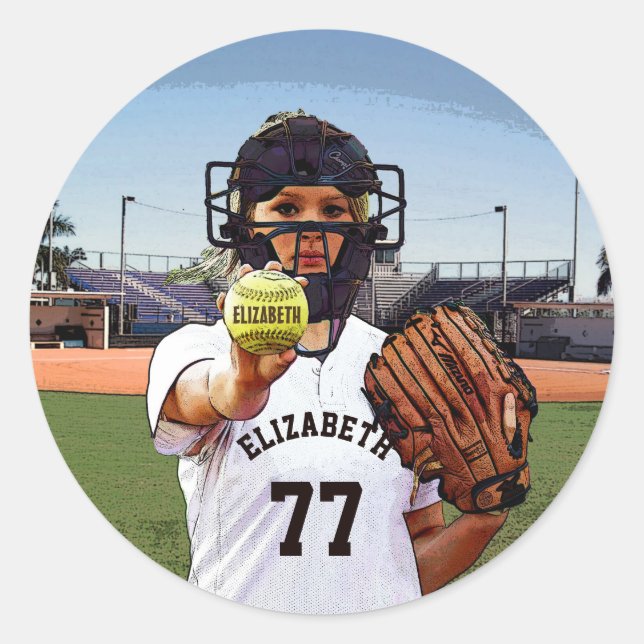 Softball Player Catcher With Your Name And Number Classic Round Sticker (Front)