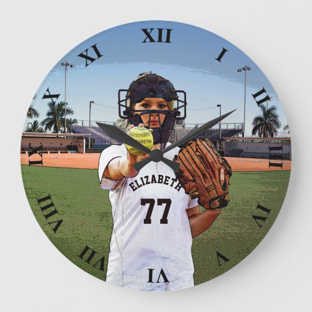 Softball Player Catcher With Your Name And Number Large Clock (Front)