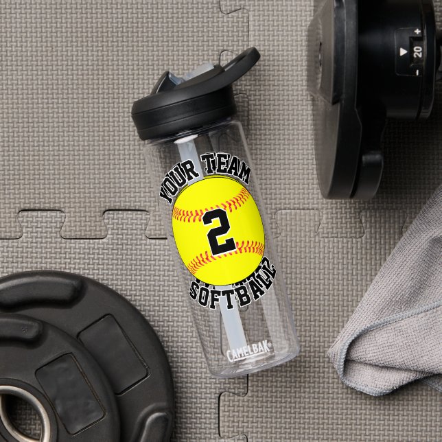 Softball Player Custom Team Name and Jersey Number Water Bottle (Gym (Rotated))