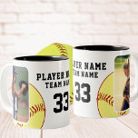 Softball Player Name Number Team 2 Photos Two-Tone Coffee Mug<br><div class="desc">Softball Player Name Number Team 2 Photos Coffee Mug. A perfect gift for the softball player in your life - a personalized mug that showcases their love for the game! This mug features two photos of the player in action on the softball field, giving them a constant reminder of the...</div>