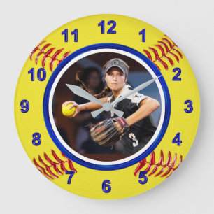 Softball Player's PHOTO Softball Clock, Blue Large Clock