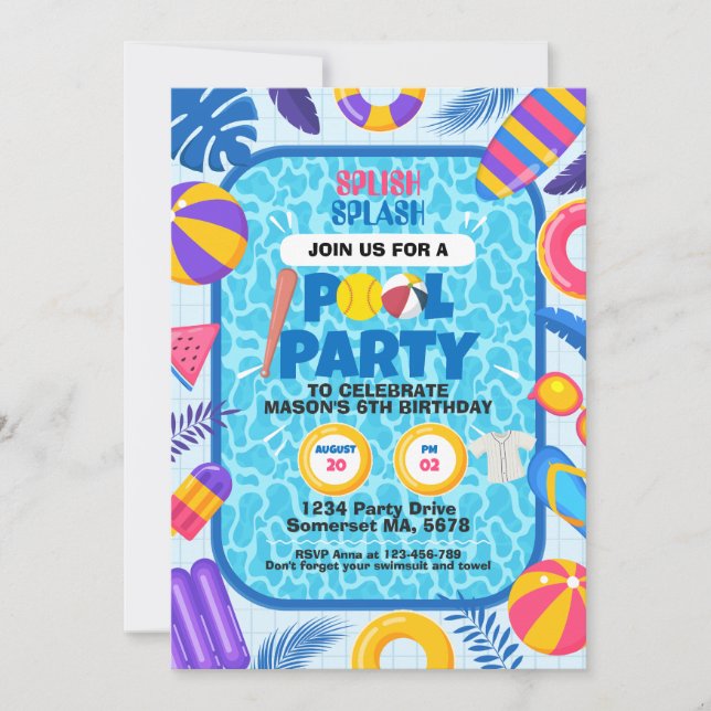 Softball Pool Party Birthday Invitation (Front)