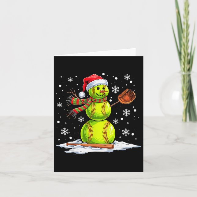 Softball Snowman Softball Player Santa Hat Christm Card (Front)