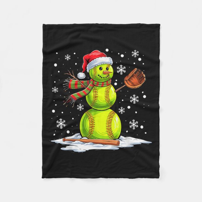 Softball Snowman Softball Player Santa Hat Christm Fleece Blanket (Front)