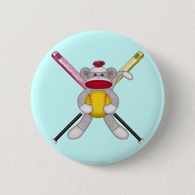 Softball Sock Monkey 2 Inch Round Button (Front)