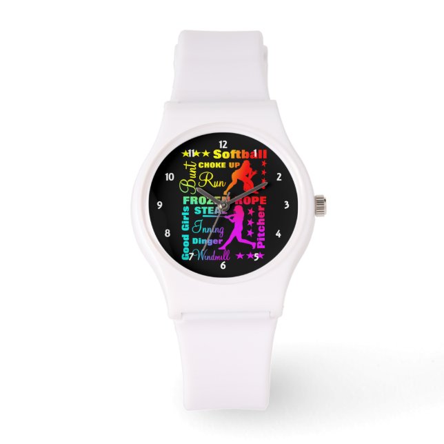 Softball Sports Terms Rainbow Cool Typography Watch (Front)