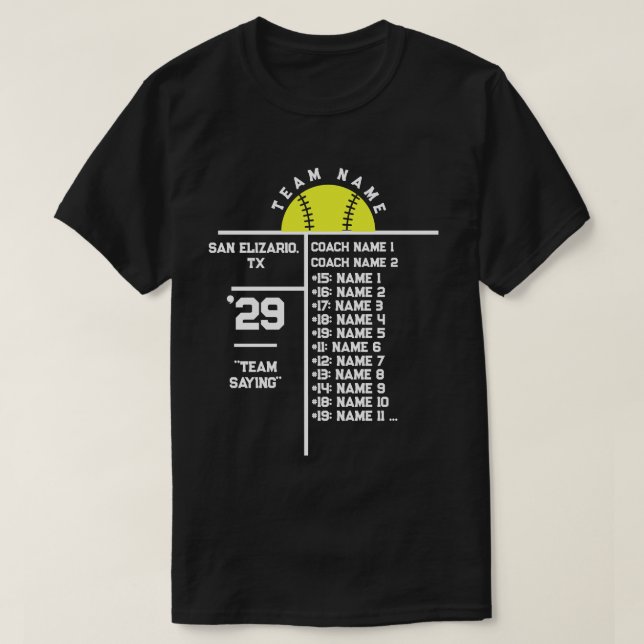 Softball Team Roster Custom Player Names & Coach T-Shirt (Design Front)