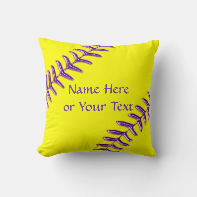 Softball Throw Pillows, Purple Stitches, YOUR TEXT Pillow (Front)