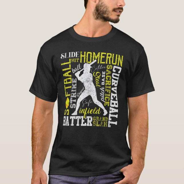 Softball Typography Word   Batter Pitcher Catcher T-Shirt (Front)