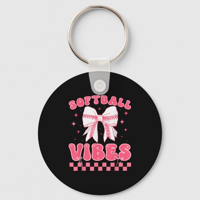 Softball Vibes Softball Couqette Groovy Softball G Keychain (Front)
