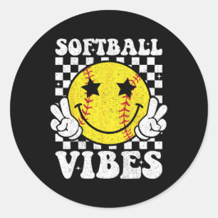 Softball Vibes Softball Retro Groovy Game Day Girl Classic Round Sticker