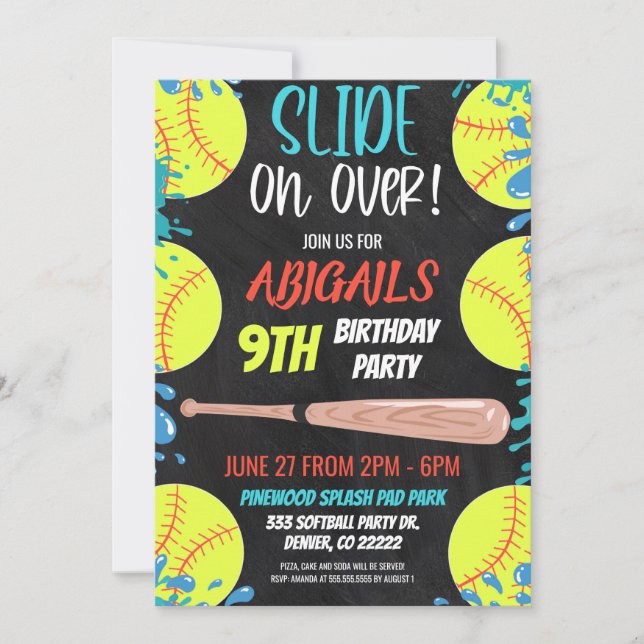 Softball Waterslide Birthday Party Invitation (Front)