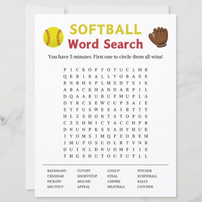 Softball Word Search Game (Front)
