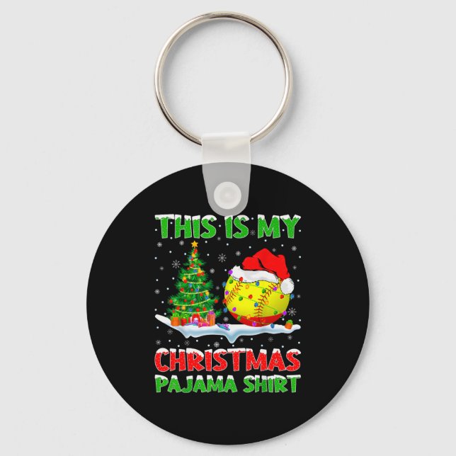 Softball Xmas Tree Lights This Is My Christmas Paj Keychain (Front)