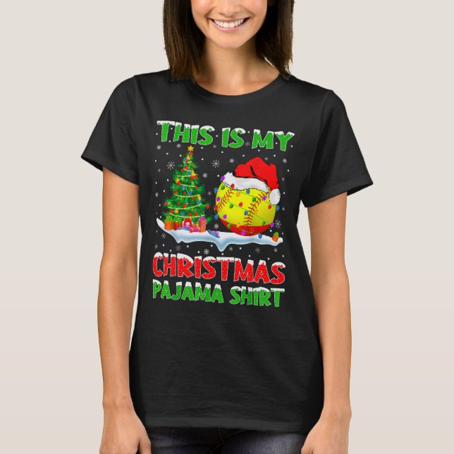 Softball Xmas Tree Lights This Is My Christmas Paj T-Shirt (Front)
