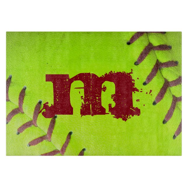 Softball Yellow Fast Monogram Glass Cutting Board (Front)