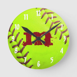Softball Yellow Fast Monogram Initial Wall Clock