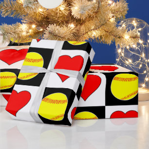 Softballs & Hearts Cute Chequered Pattern Fastpitc Wrapping Paper